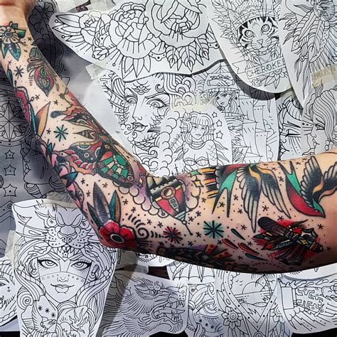 american traditional patchwork sleeve|old school tattoo sleeves.